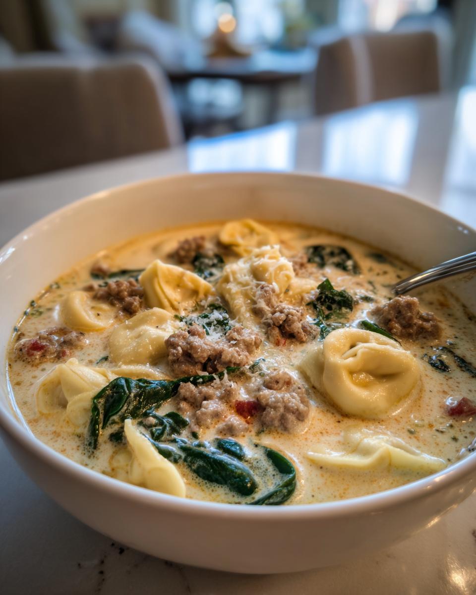 Close-up of a hearty bowl of creamy italian sausage tortellini soup with spinach and grated cheese.