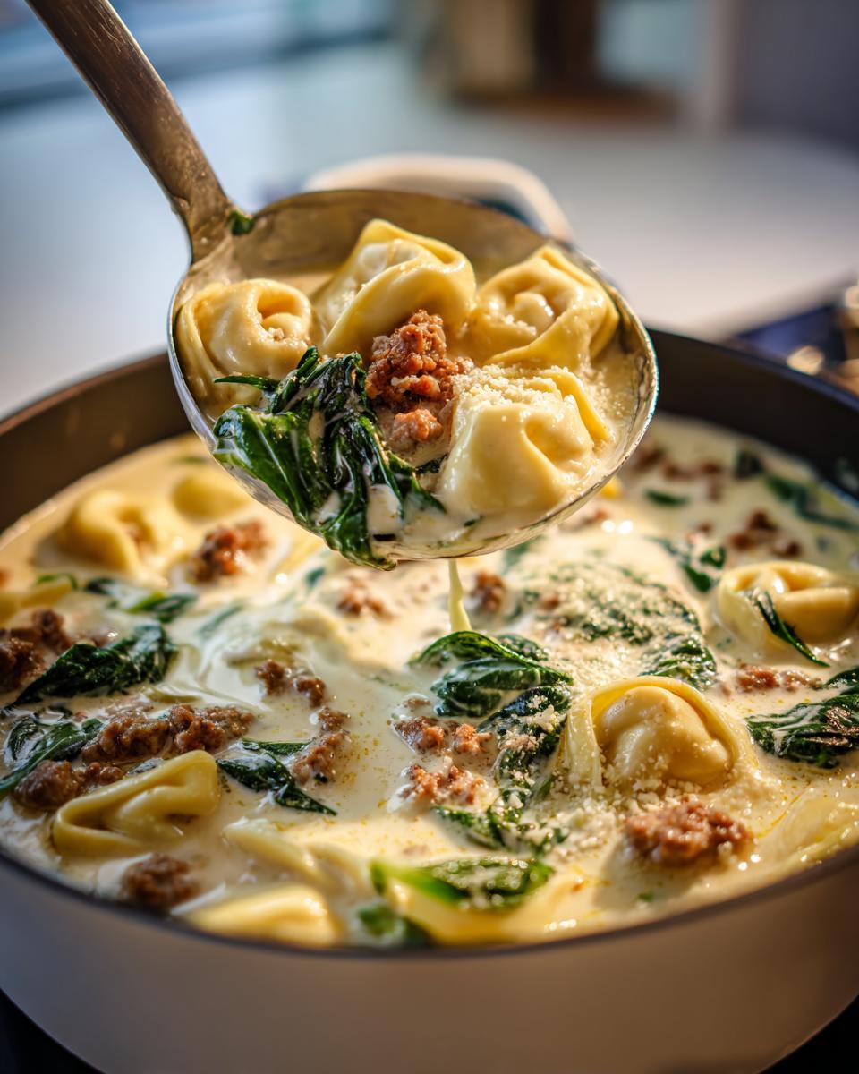 A ladle scooping up creamy italian sausage tortellini soup, rich with tortellini pasta, spinach, and crumbled sausage.