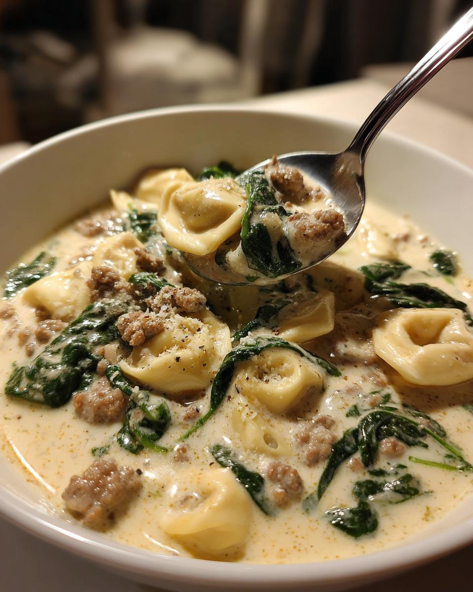 A spoonful of creamy italian sausage tortellini soup lifted from a white bowl, showing tortellini, sausage, and spinach.