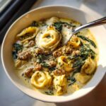 A spoonful of creamy italian sausage tortellini soup, featuring tortellini, sausage crumbles, and spinach in a white bowl.