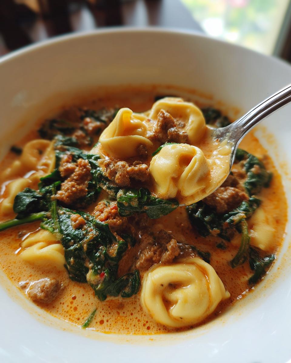 A spoonful lifting creamy italian sausage tortellini soup, showing tortellini, ground sausage, and wilted spinach.