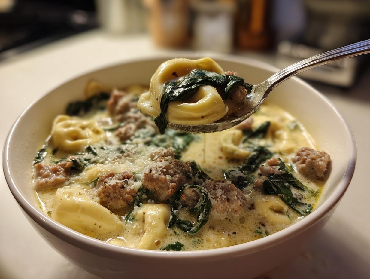 A spoonful of creamy italian sausage tortellini soup showing tortellini, sausage, and spinach being lifted from the bowl.
