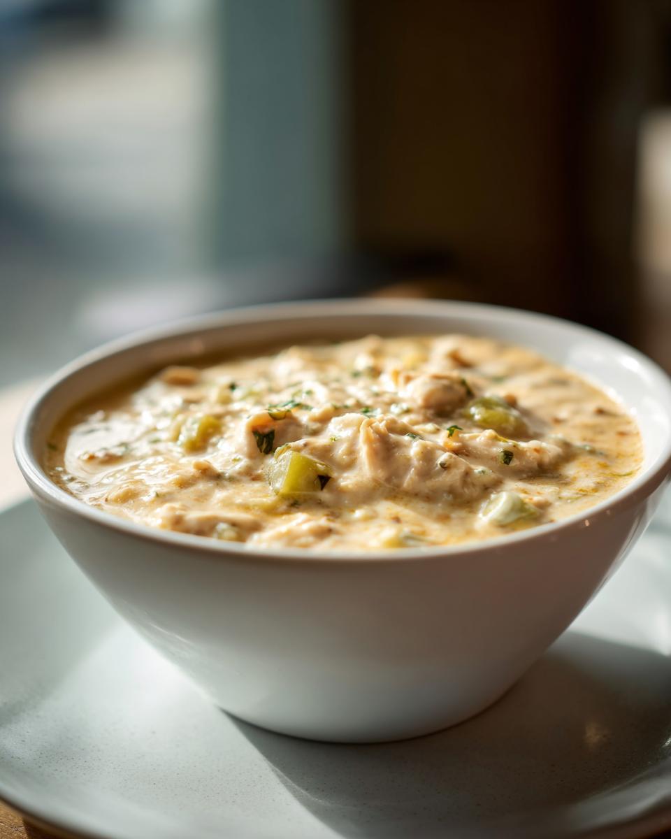 A close-up of a creamy bowl of keto white chicken chili topped with green herbs.