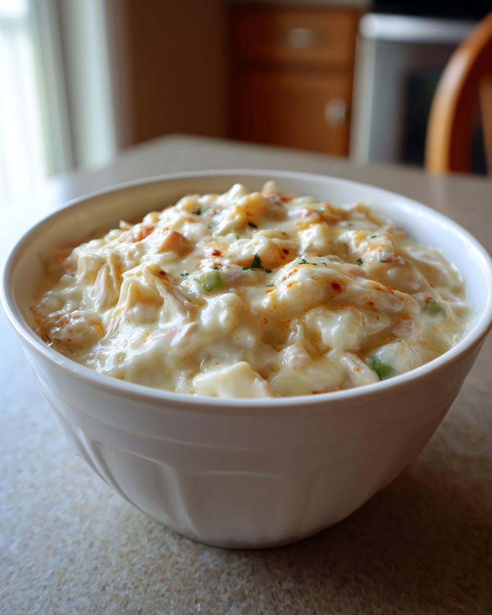 A close-up of a hearty bowl of creamy keto white chicken chili, topped with spices.