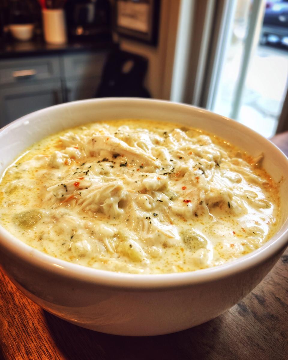 Close-up of a bowl filled with creamy keto white chicken chili, topped with herbs.