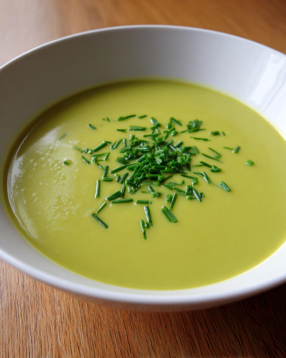 Close-up of a bowl of vibrant green leek soup garnished with finely chopped chives.