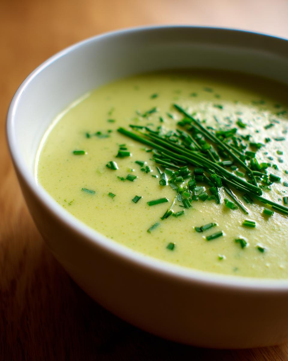 Close-up of a bowl of creamy, pale green leek soup topped generously with fresh, chopped chives.