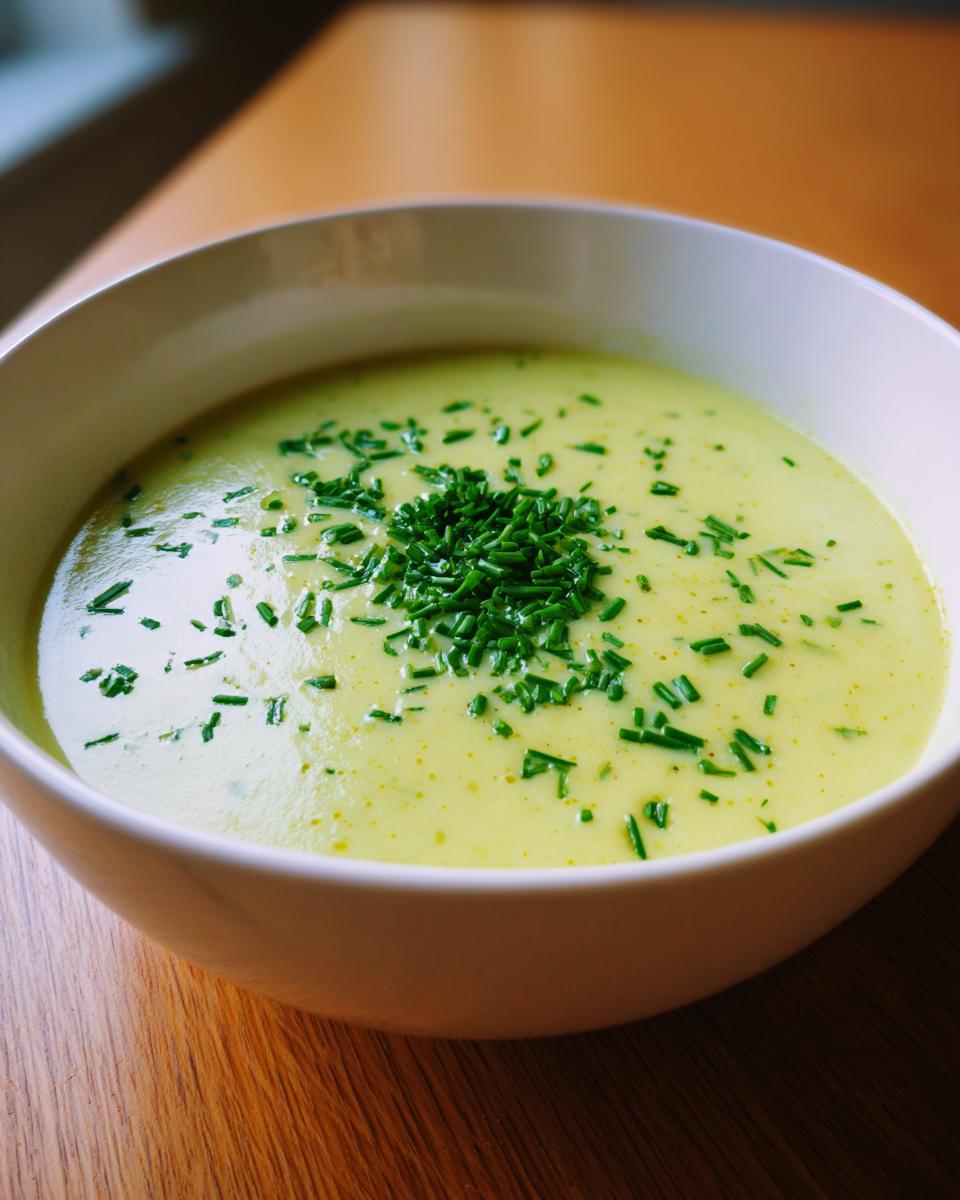Close-up of a bowl of creamy, pale green leek soup garnished generously with fresh chopped chives.