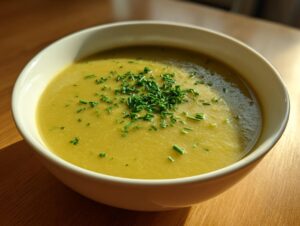 A close-up of a bowl of creamy, yellow-green leek soup garnished with fresh chopped chives.