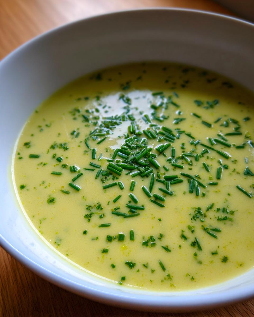 Close-up of creamy, yellow dairy-free leek soup garnished generously with fresh green chives.