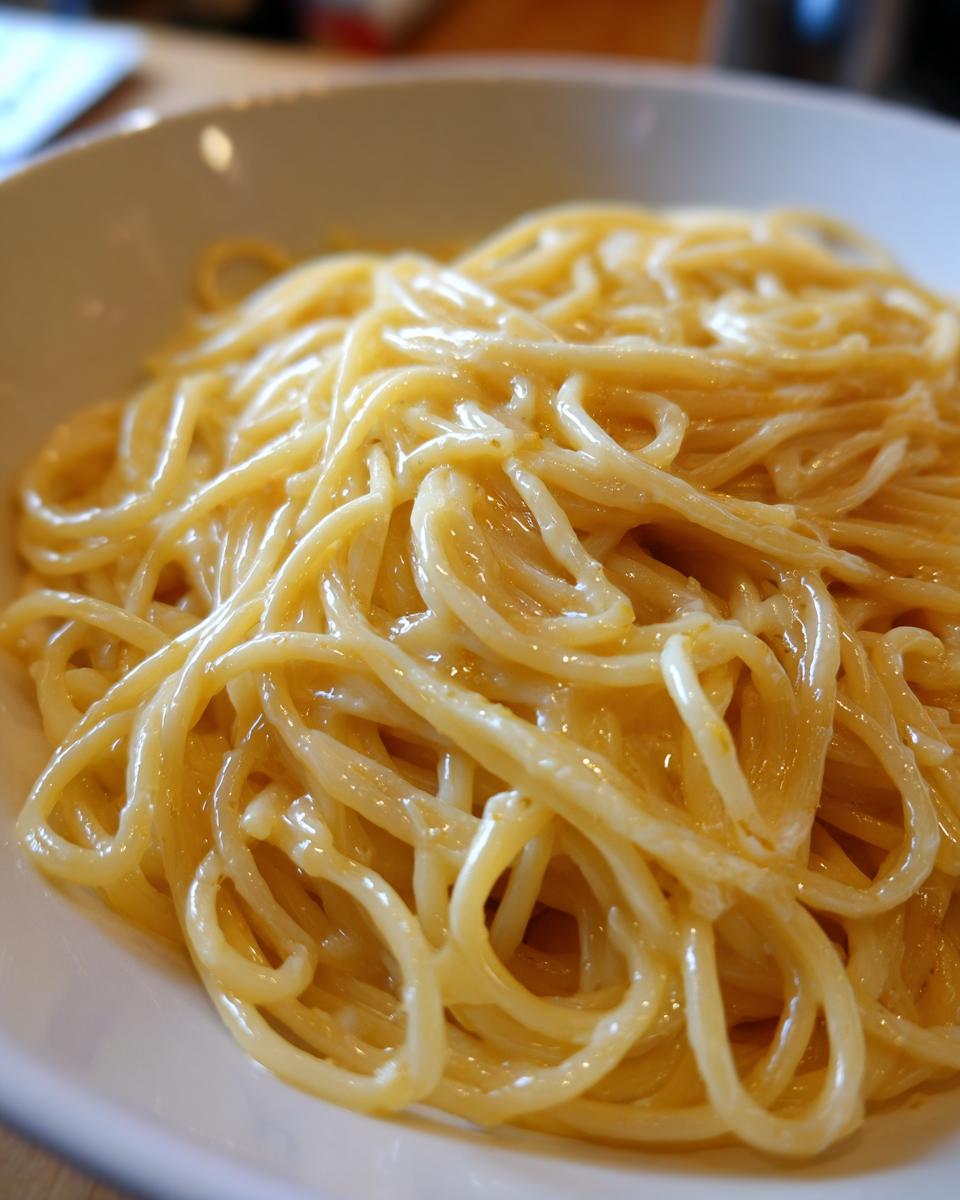A close-up shot of perfectly coated spaghetti noodles in a bowl, showcasing the rich, glossy sauce of the creamy lemon pasta.
