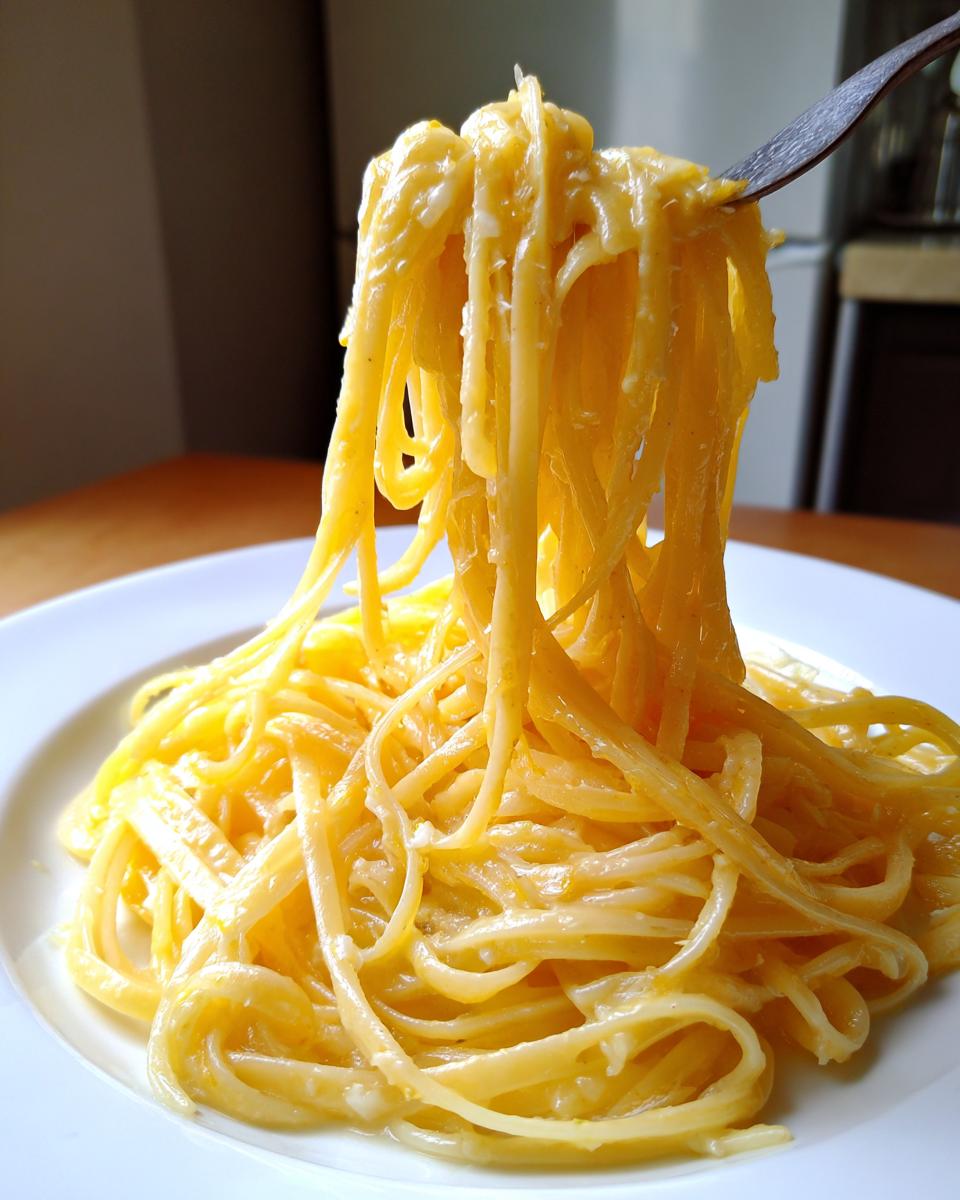 A fork lifting strands of spaghetti coated in rich, creamy lemon pasta sauce from a white plate.