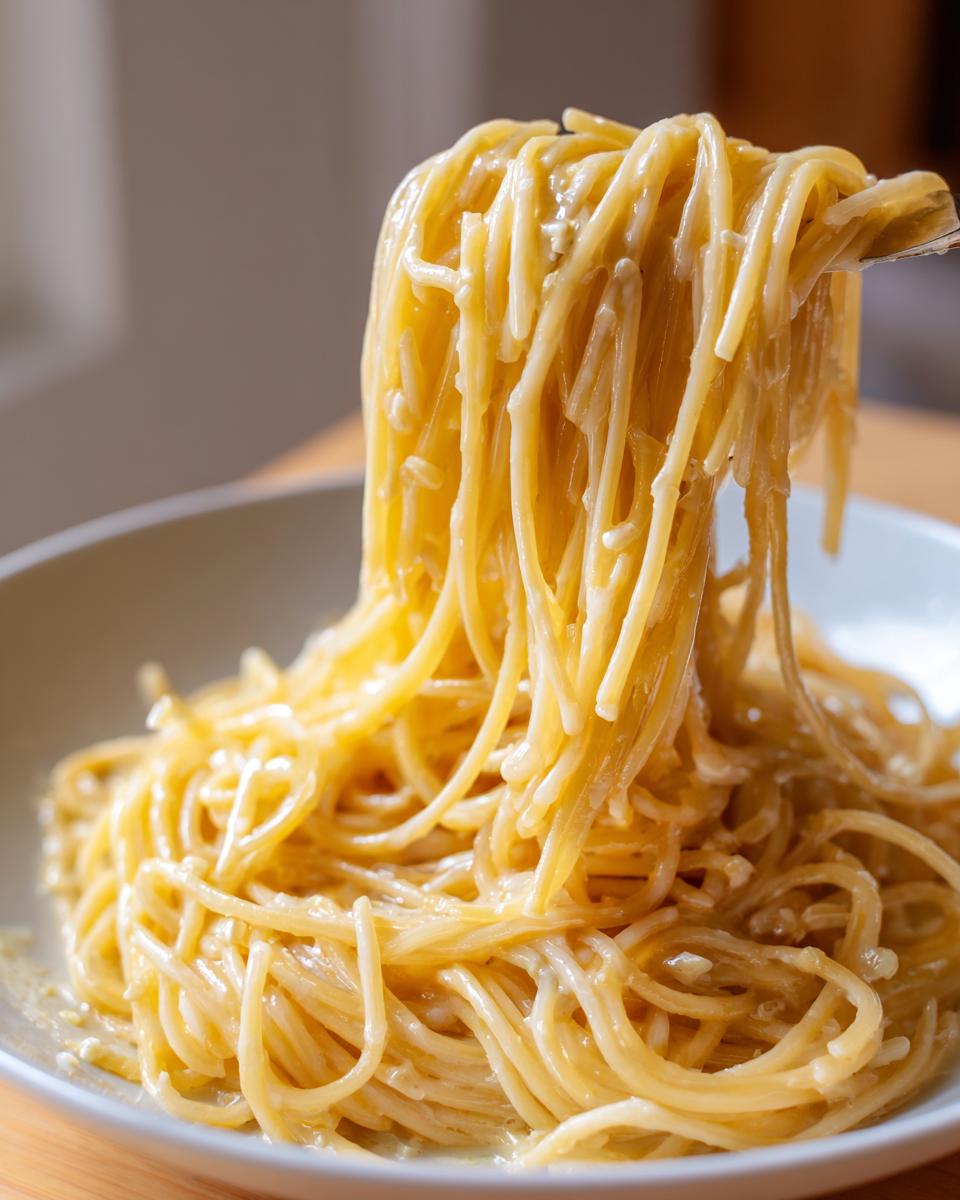 A fork lifts a generous portion of spaghetti coated in rich, creamy lemon pasta sauce from a bowl.