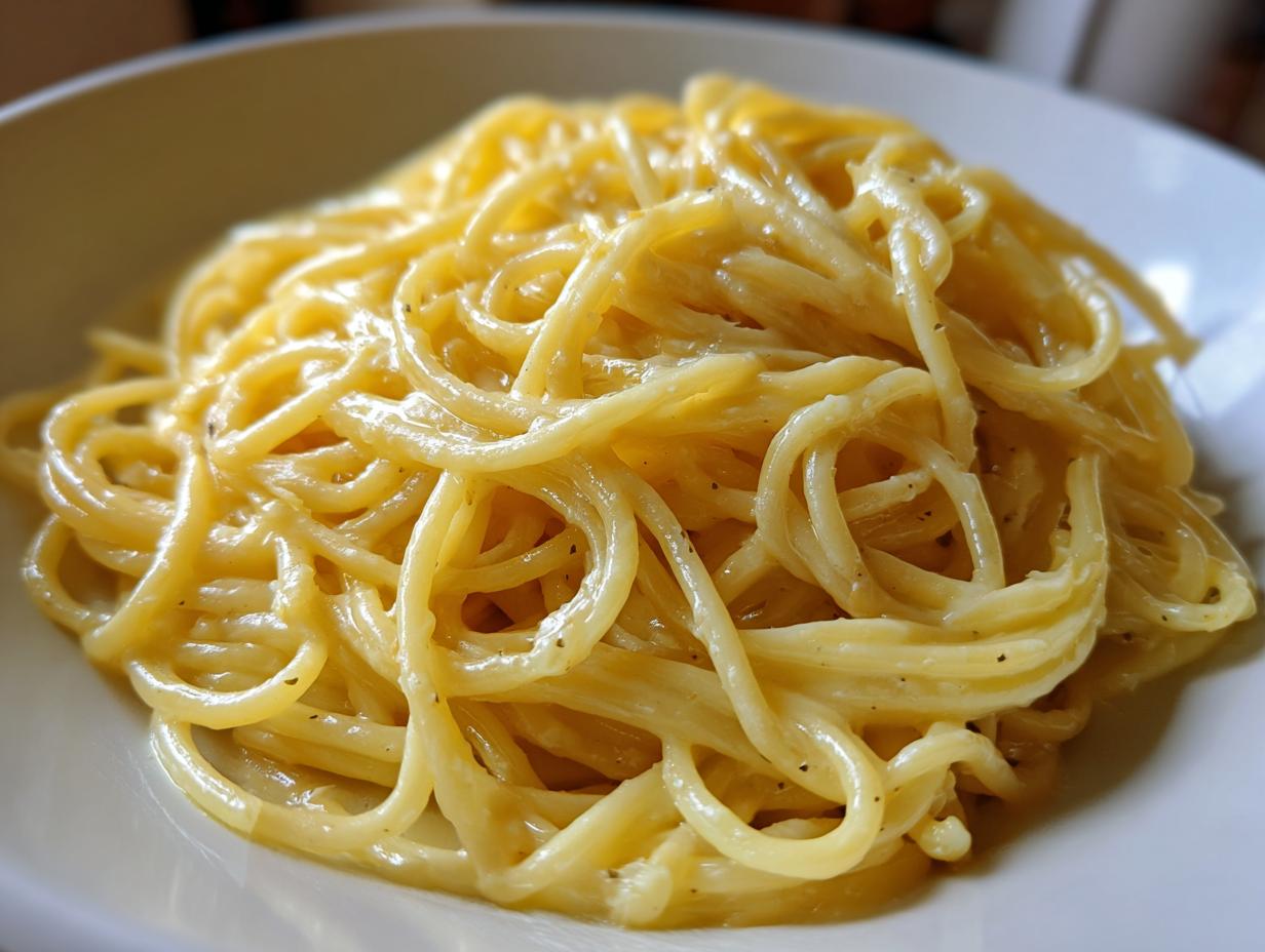A close-up shot of perfectly coated spaghetti noodles in a rich, creamy lemon pasta sauce, served in a white bowl.