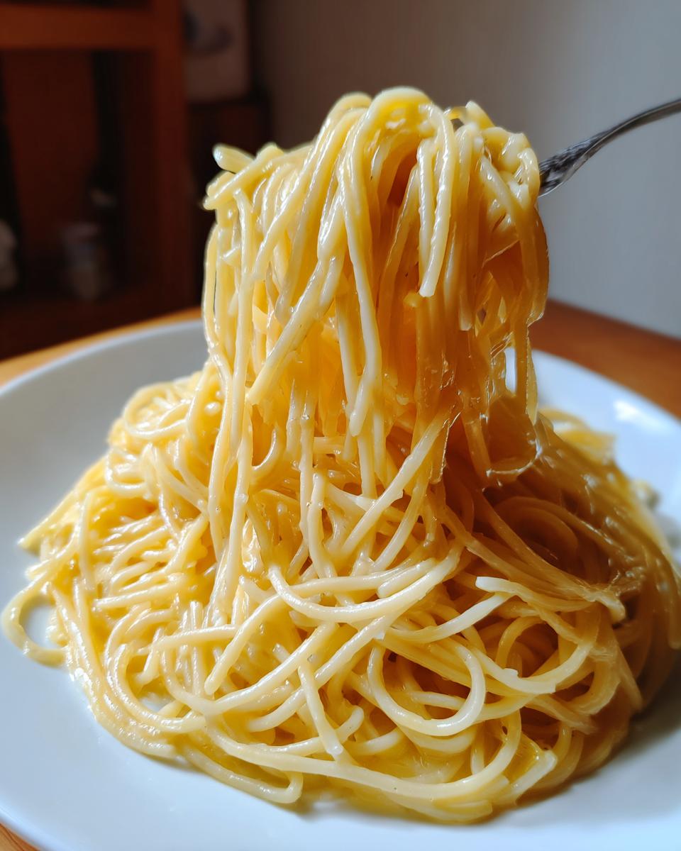 A fork lifting a generous twirl of creamy lemon pasta from a white plate.