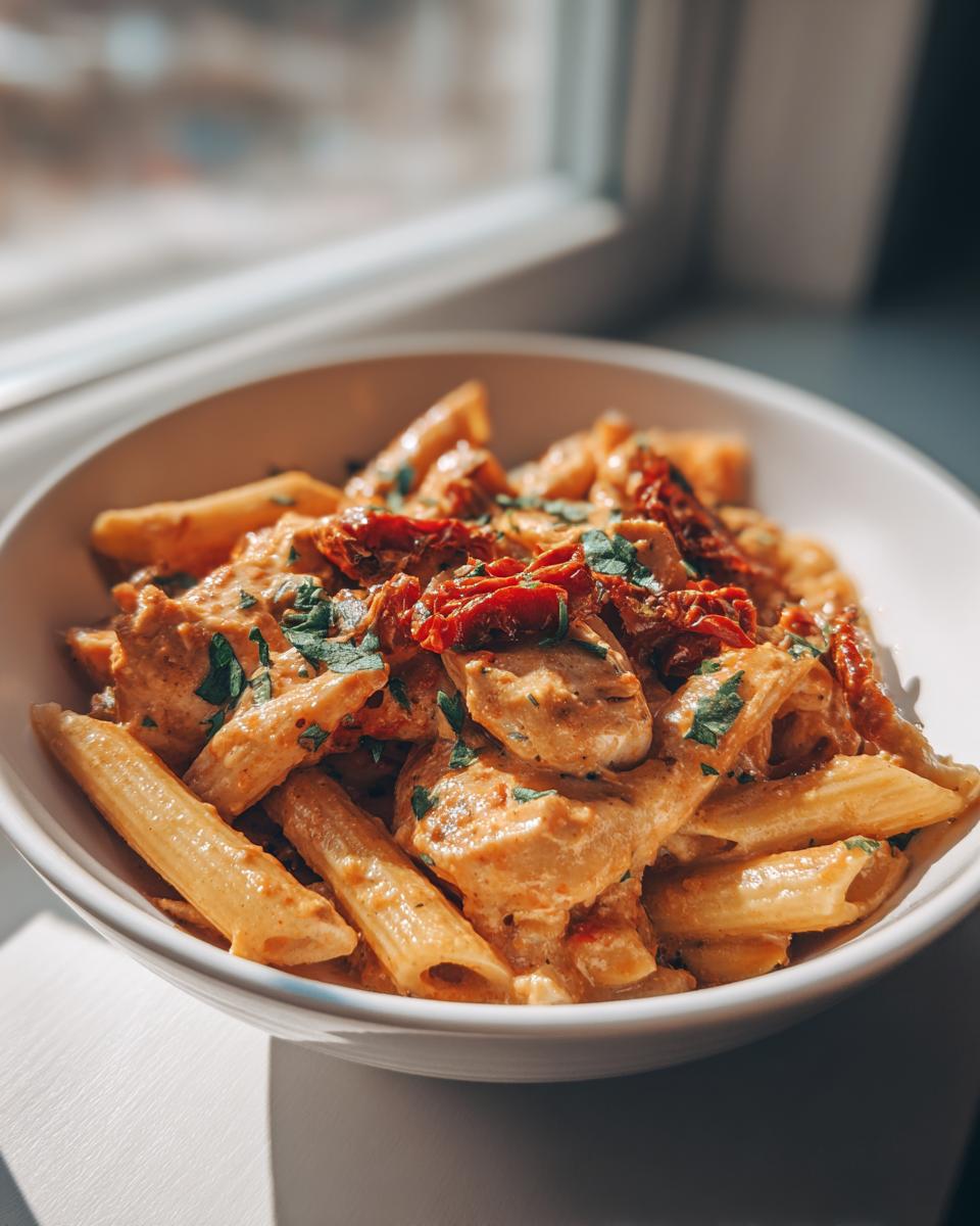 A close-up of creamy Marry Me Chicken Pasta with penne, chicken pieces, and sun-dried tomatoes.