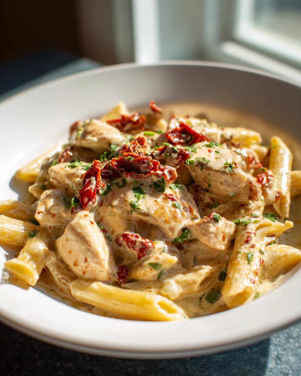 Close-up of a bowl of rich Marry Me Chicken Pasta featuring penne, chicken pieces, and sun-dried tomatoes in a cream sauce.