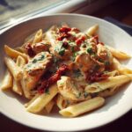 A close-up of rich Marry Me Chicken Pasta featuring penne, creamy sauce, chicken pieces, and sun-dried tomatoes.