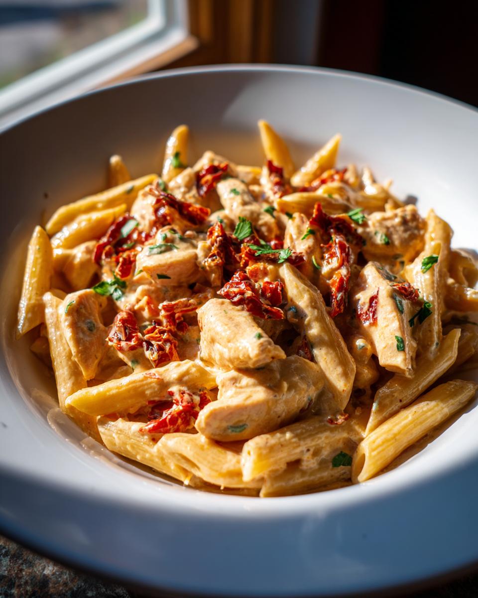Close-up of creamy Marry Me Chicken Pasta featuring penne, chicken pieces, and sun-dried tomatoes.