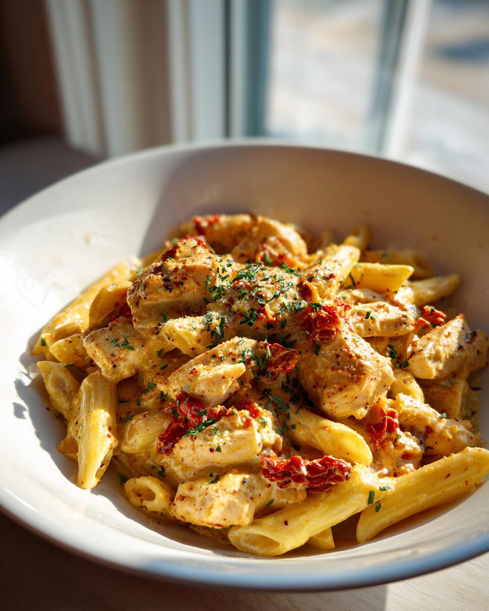 A close-up of creamy Marry Me Chicken Pasta with penne, chicken pieces, and sun-dried tomatoes in a white bowl.
