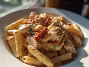 Close-up of creamy Marry Me Chicken Pasta featuring penne, chicken pieces, and sun-dried tomatoes.