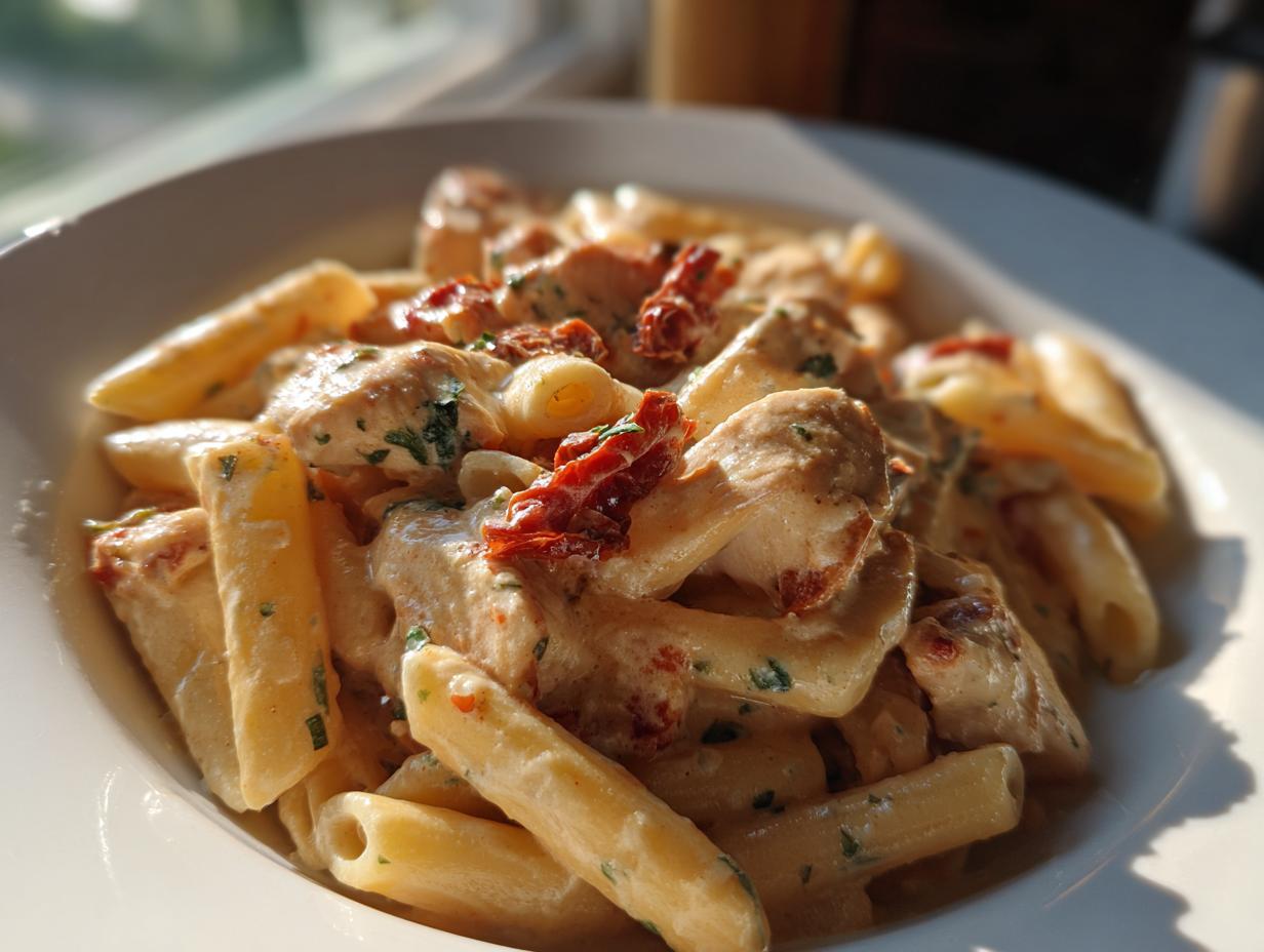 Close-up of creamy Marry Me Chicken Pasta featuring penne, chicken pieces, and sun-dried tomatoes.