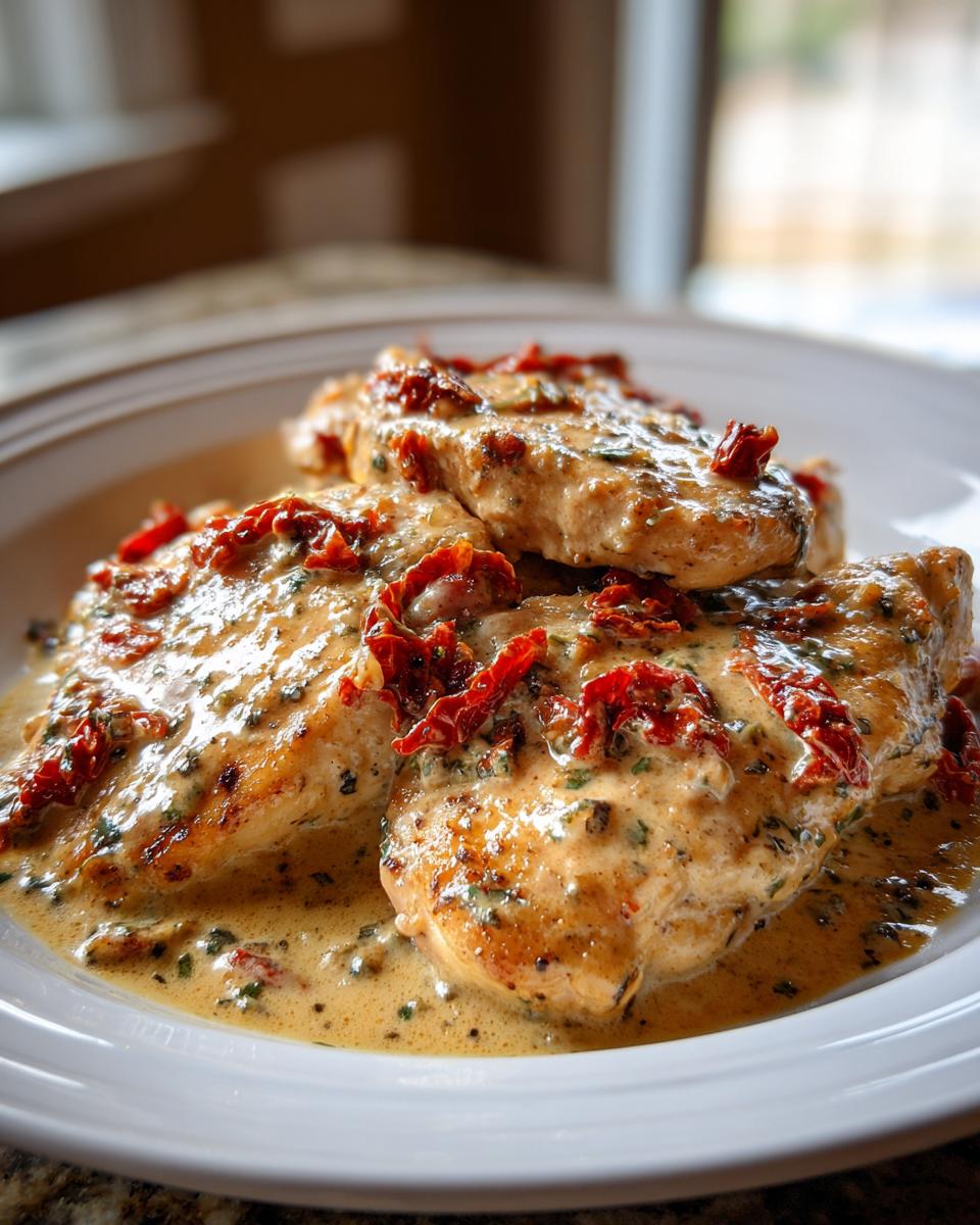 Close-up of three chicken breasts smothered in creamy sauce and topped with sun-dried tomatoes, classic Marry Me Chicken.