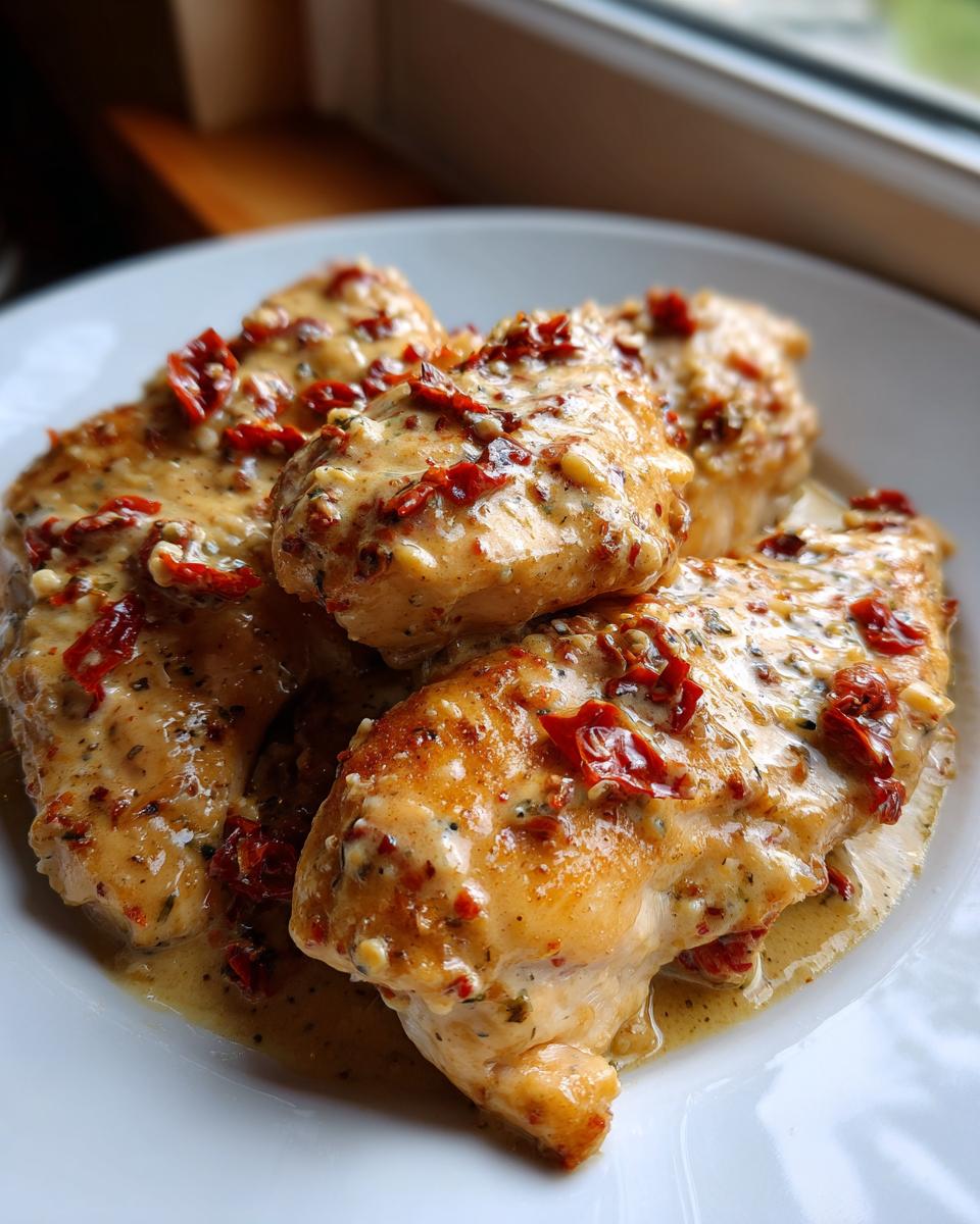 Four pieces of golden-brown marry me chicken smothered in a creamy, sun-dried tomato sauce, served on a white plate.