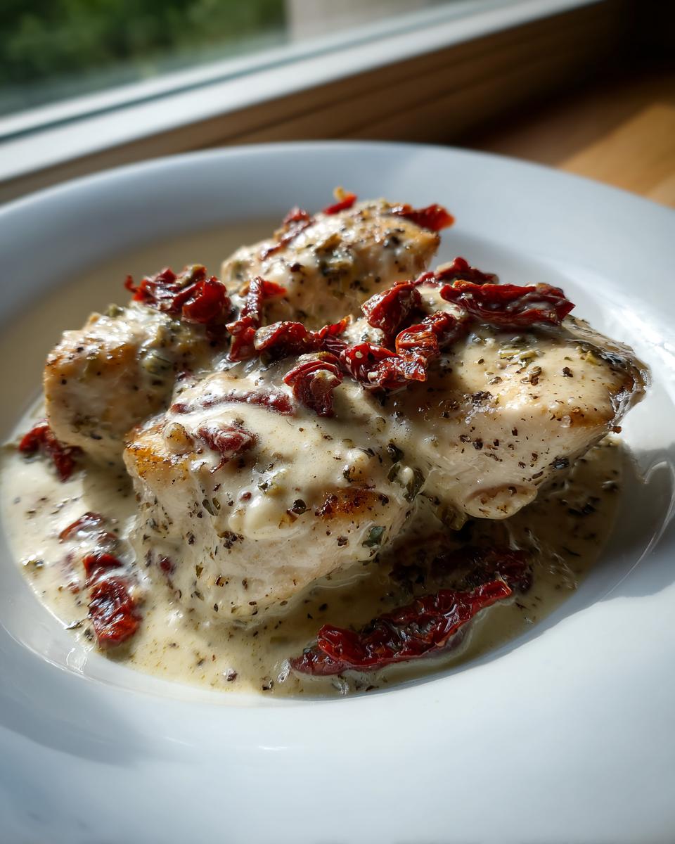 Three pieces of pan-seared chicken breast covered in a creamy sauce and topped with sun-dried tomatoes, a perfect Marry Me Chicken.