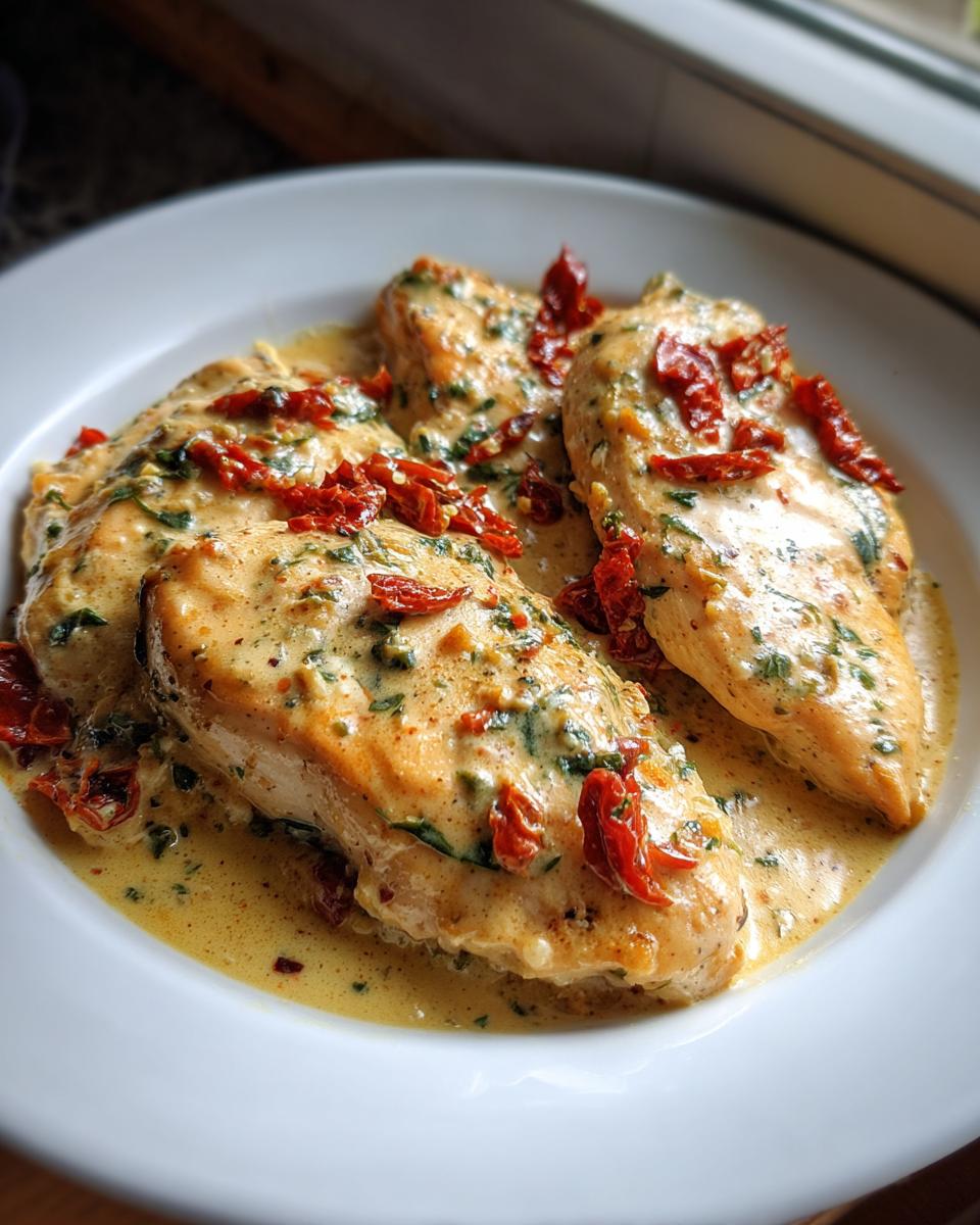 Three pieces of Marry Me Chicken covered in a creamy sauce with herbs and topped with sun-dried tomatoes.