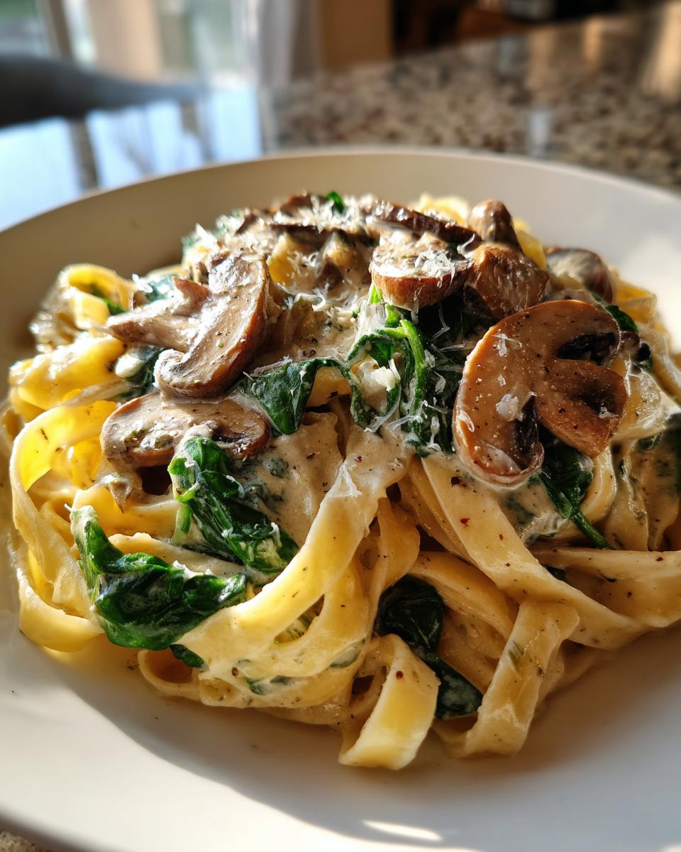 Close-up of creamy mushroom pasta featuring fettuccine, sautéed mushrooms, spinach, and grated Parmesan cheese.