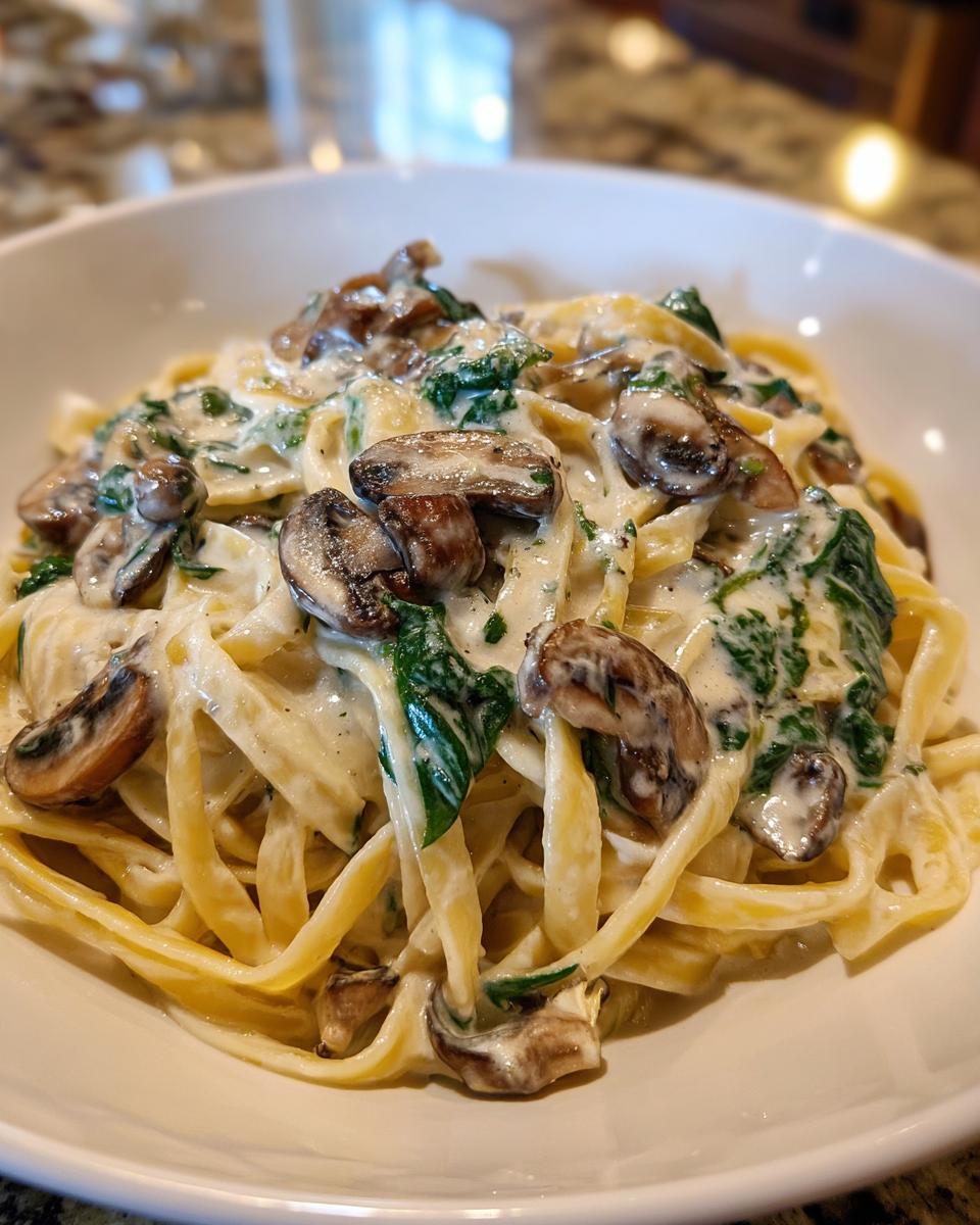 A close-up shot of creamy mushroom pasta featuring fettuccine, sliced sautéed mushrooms, and wilted spinach in a white bowl.