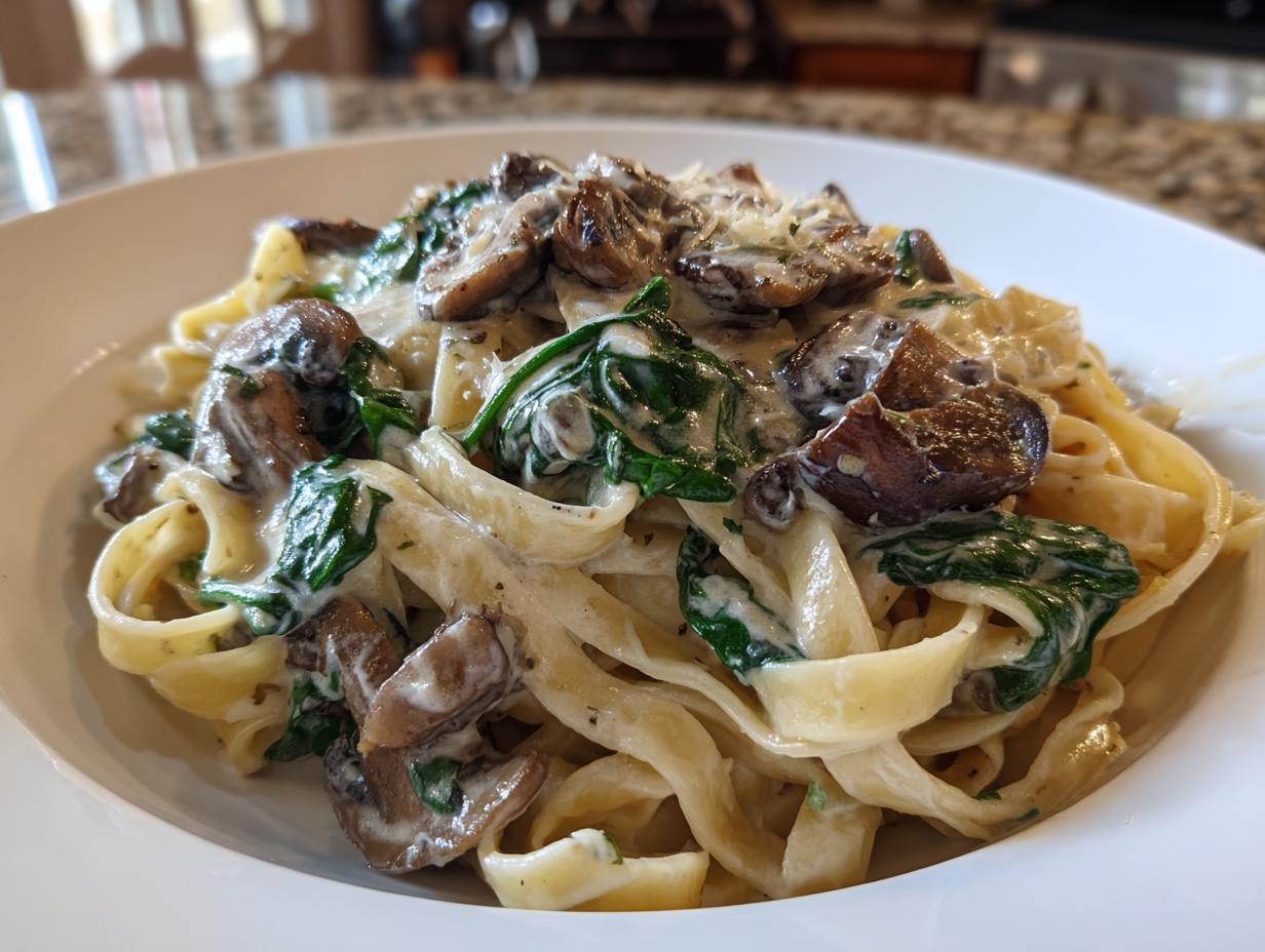 A close-up of creamy mushroom pasta featuring fettuccine noodles, sautéed mushrooms, and wilted spinach in a white sauce.