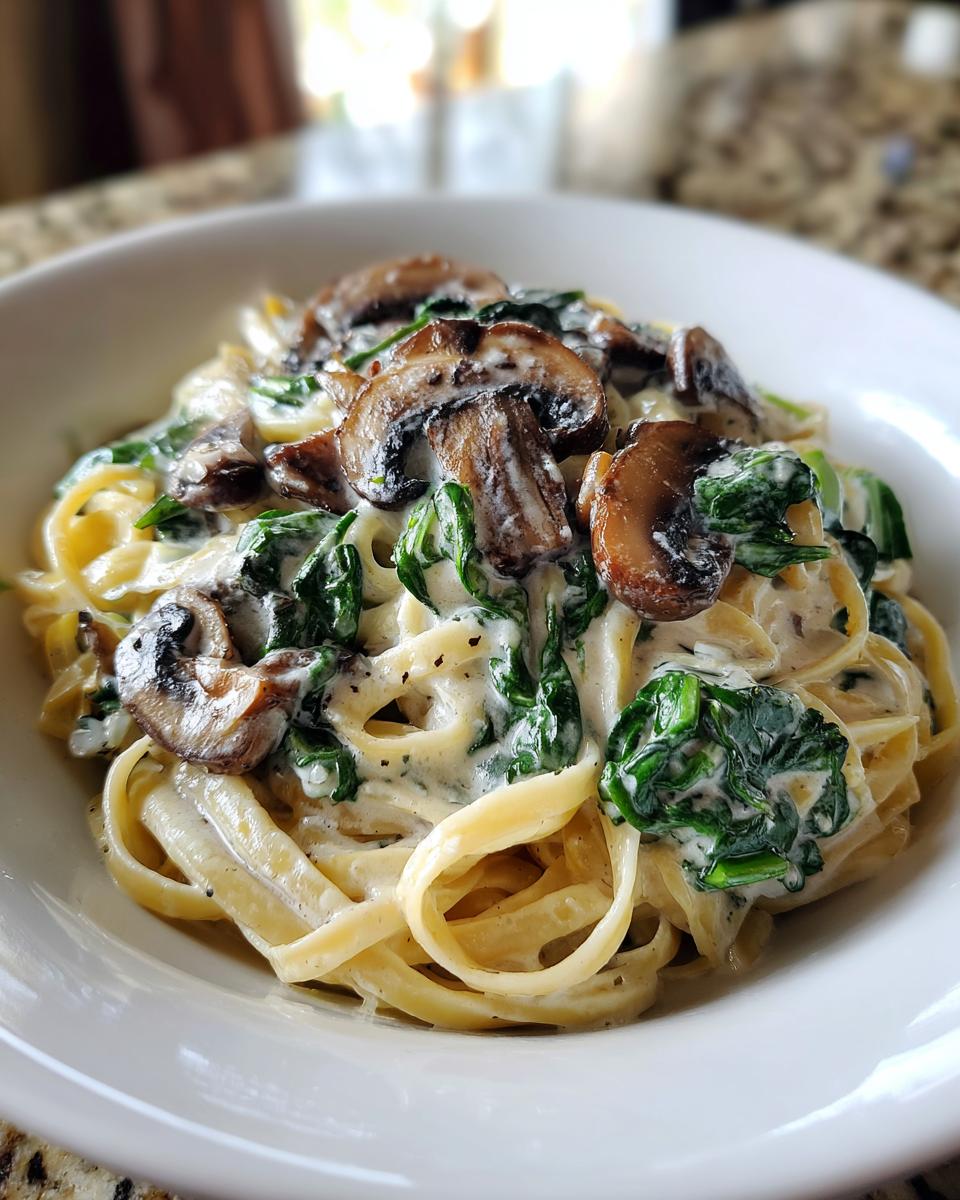 Close-up of creamy mushroom pasta featuring fettuccine, sautéed mushrooms, and wilted spinach in a white bowl.