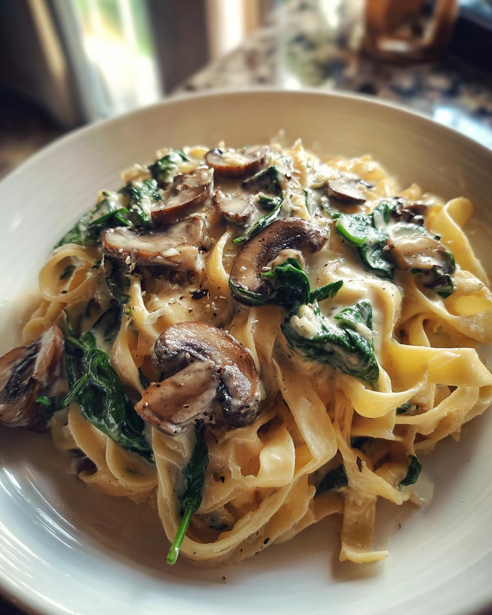 A close-up serving of creamy mushroom pasta featuring fettuccine noodles, sliced mushrooms, and wilted spinach.