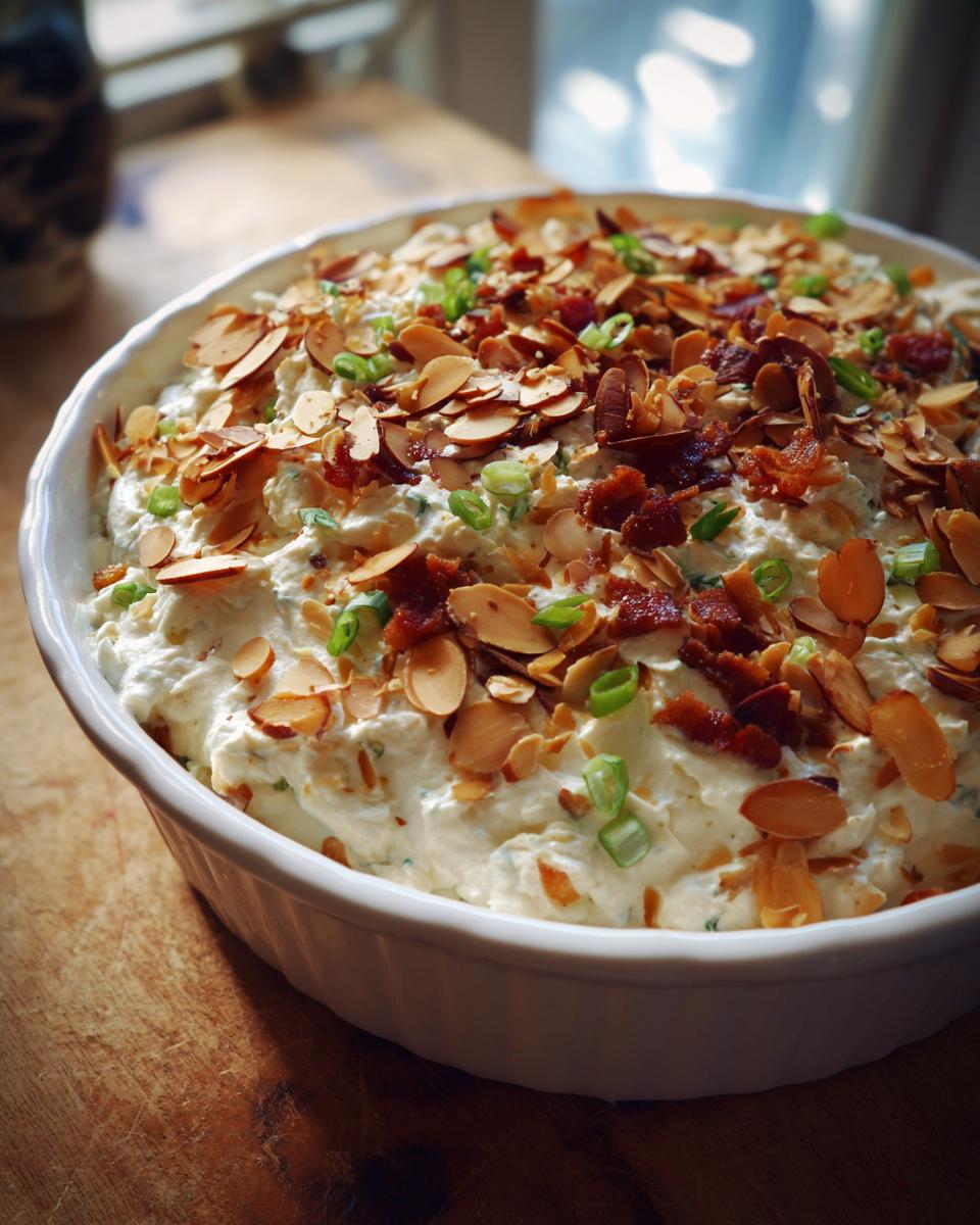 A close-up of the Neiman Marcus Dip, a creamy white dip topped generously with toasted sliced almonds, crumbled bacon, and green onions.