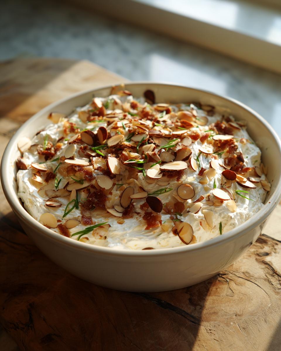 A bowl of creamy Neiman Marcus dip topped generously with toasted sliced almonds, bacon bits, and chopped chives.