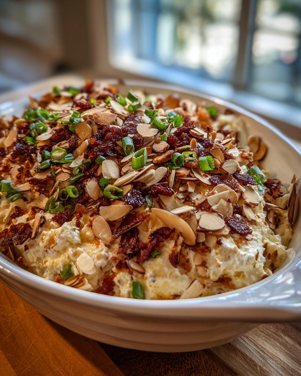 A close-up of the Neiman Marcus dip in a white serving dish, generously topped with sliced almonds, bacon bits, and green onions.