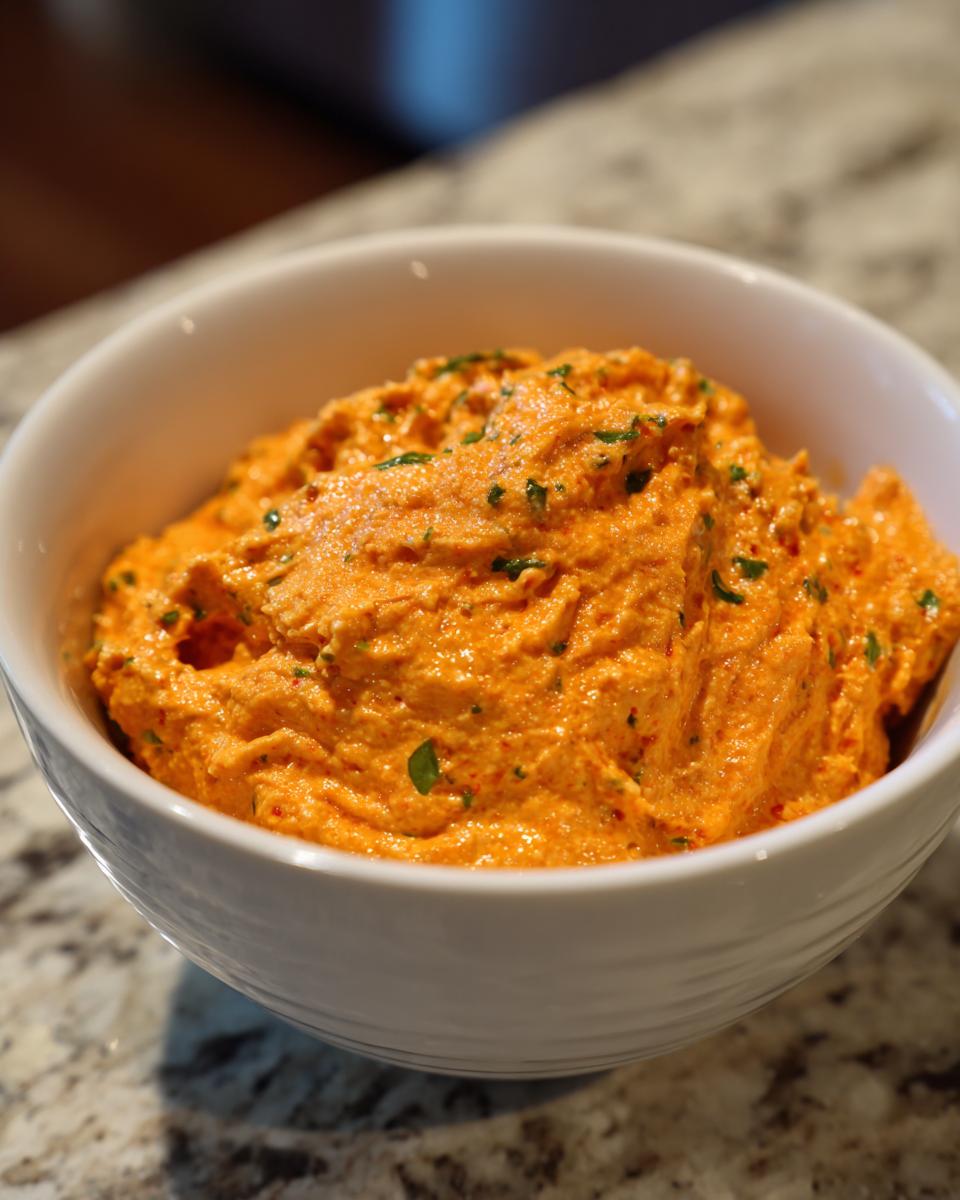 Close-up of a thick, vibrant orange boat dip garnished with green herbs in a white bowl.