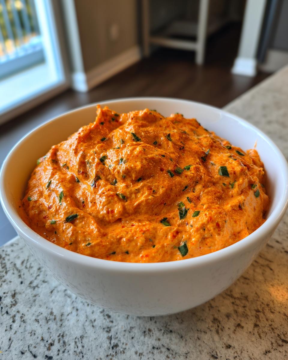 A close-up of a creamy, orange-colored boat dip mixed with green herbs, served in a white bowl.