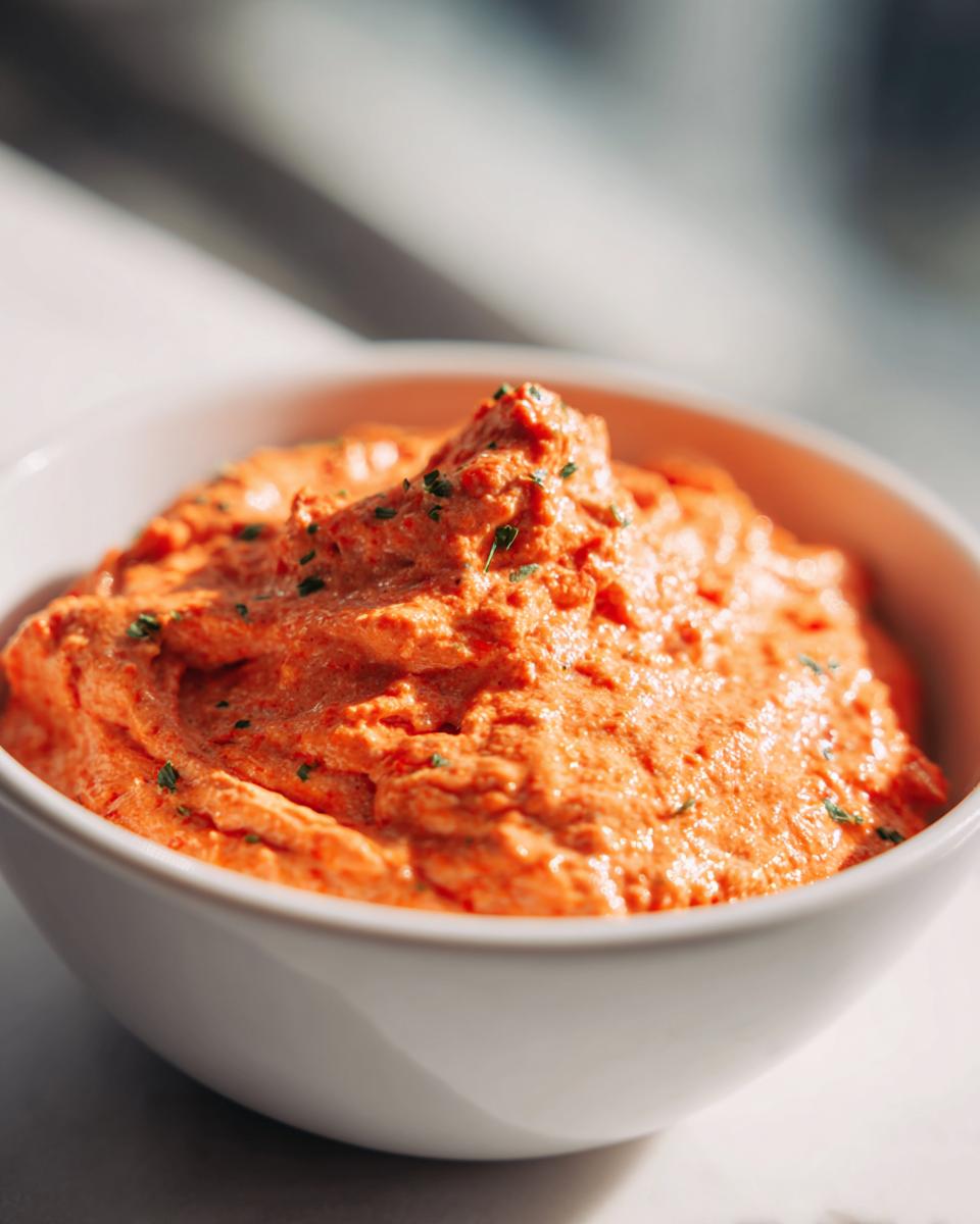 Close-up of thick, vibrant orange boat dip topped with flecks of green herbs in a white bowl.