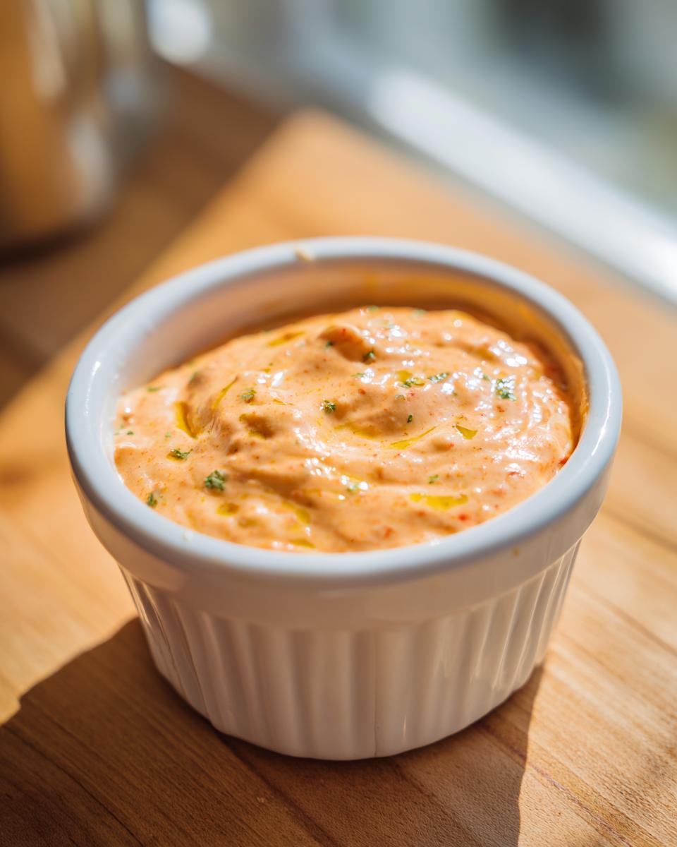 Close-up of creamy, orange-hued burger sauce drizzled with oil and herbs in a white ramekin.