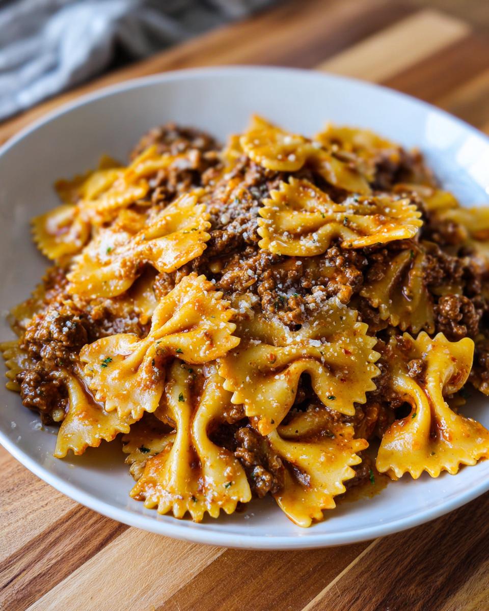 A close-up of creamy parmesan garlic beef bowtie pasta tossed in a rich sauce and topped with grated cheese.