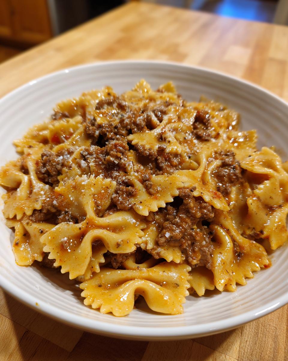 Close-up of creamy parmesan garlic beef bowtie pasta served in a white bowl on a wooden surface.