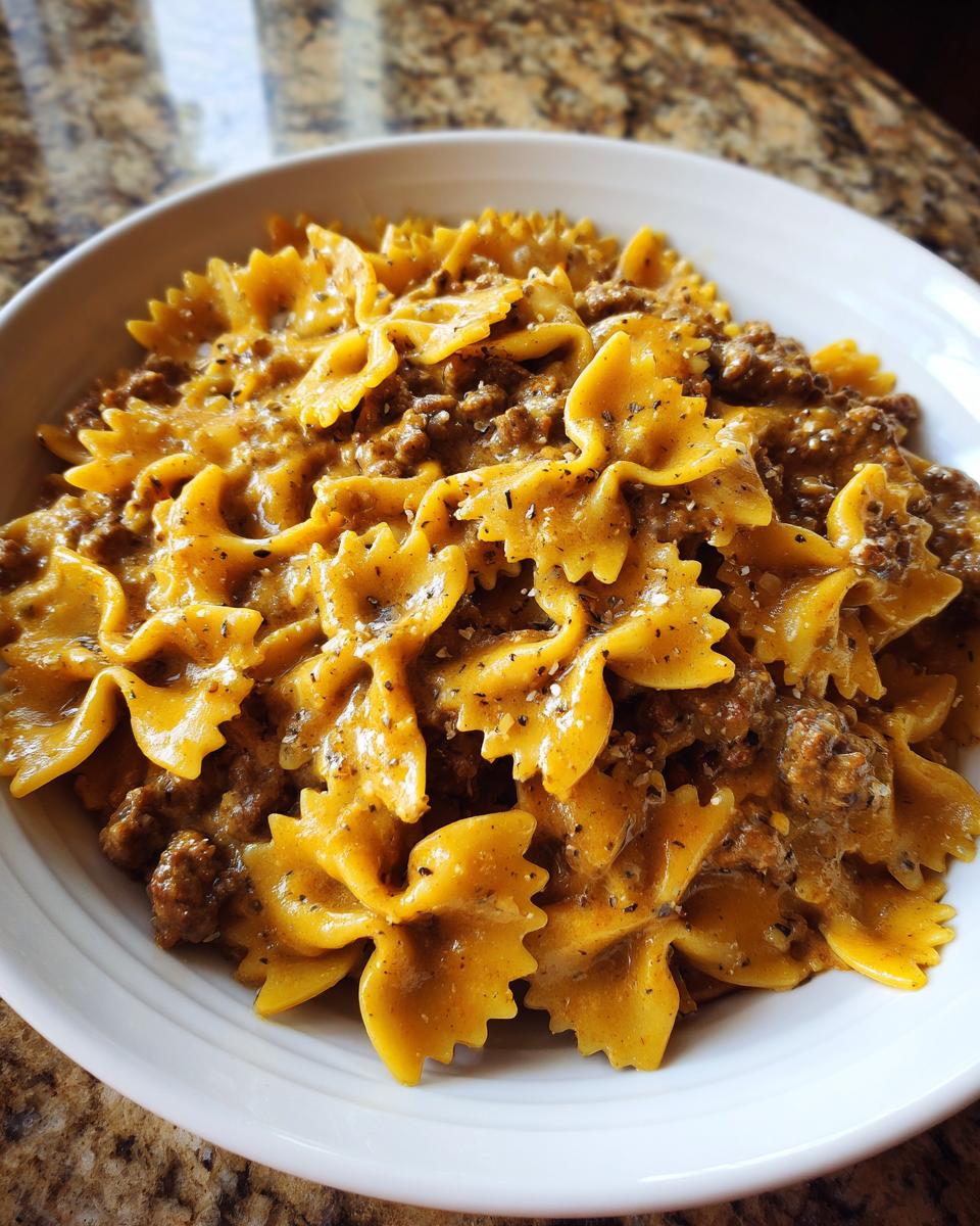 A close-up of creamy parmesan garlic beef bowtie pasta served in a white bowl, topped with cracked black pepper.