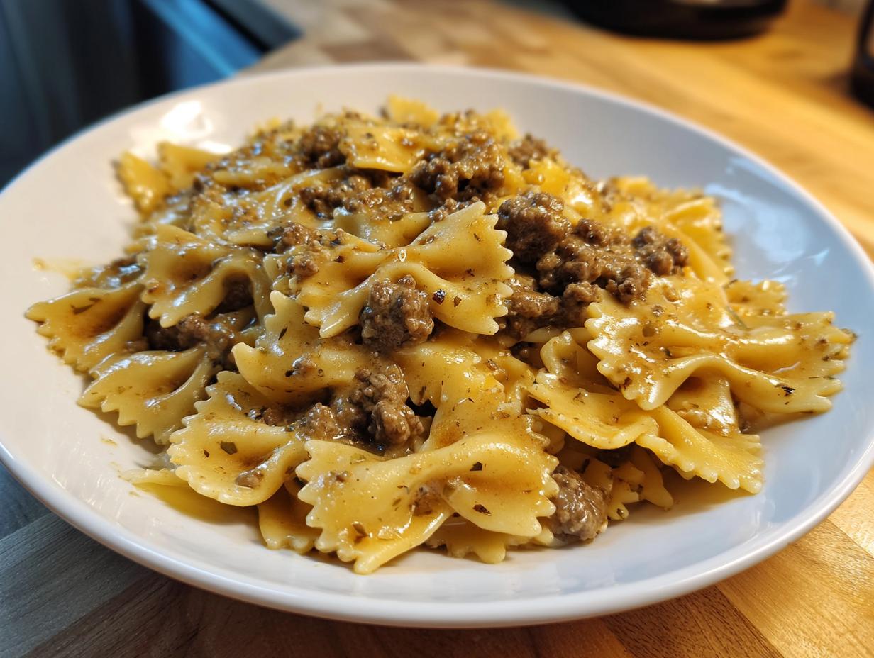 A close-up of creamy parmesan garlic beef bowtie pasta coated in a rich, savory sauce, served in a white bowl.