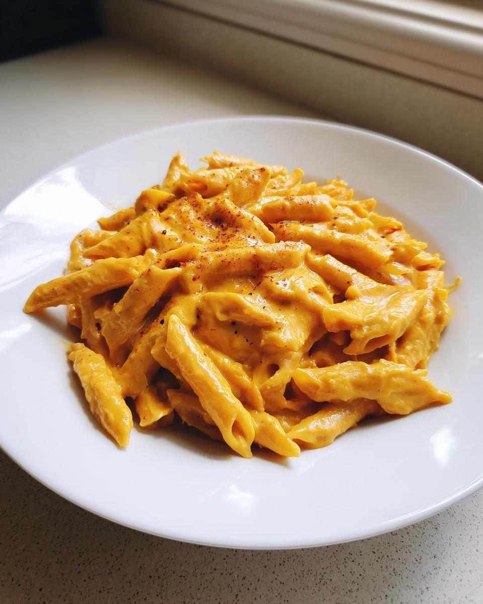 A white bowl filled with penne pasta coated in a rich, orange butternut squash pasta sauce, sprinkled with spices.