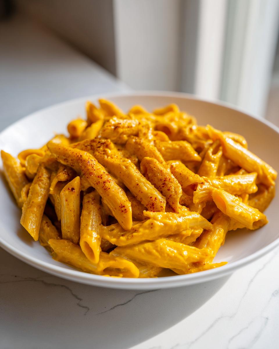 A white bowl filled with penne pasta generously coated in a rich, creamy butternut squash pasta sauce and sprinkled with paprika.