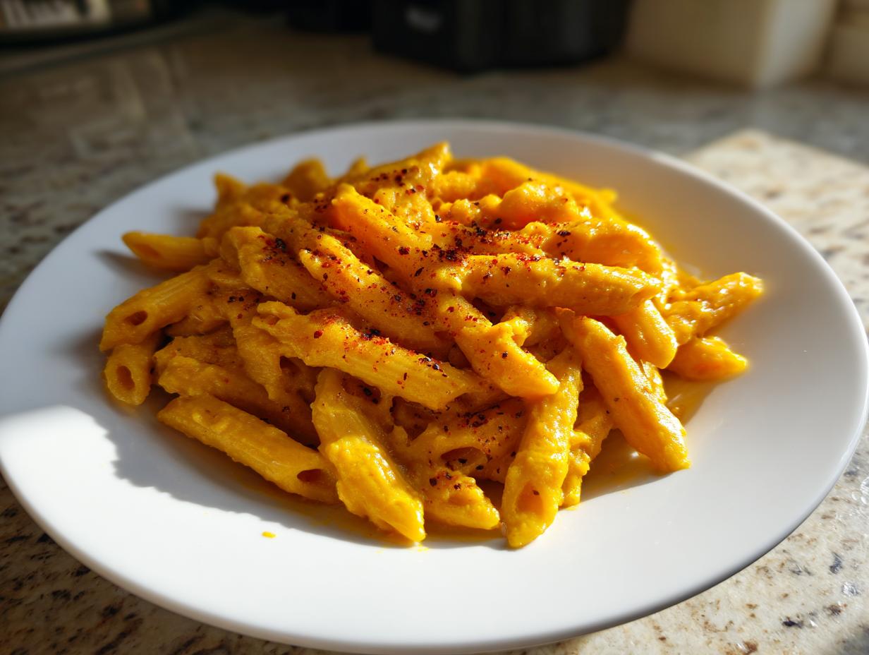 A white plate filled with penne pasta coated in a rich, orange butternut squash pasta sauce, topped with spices.