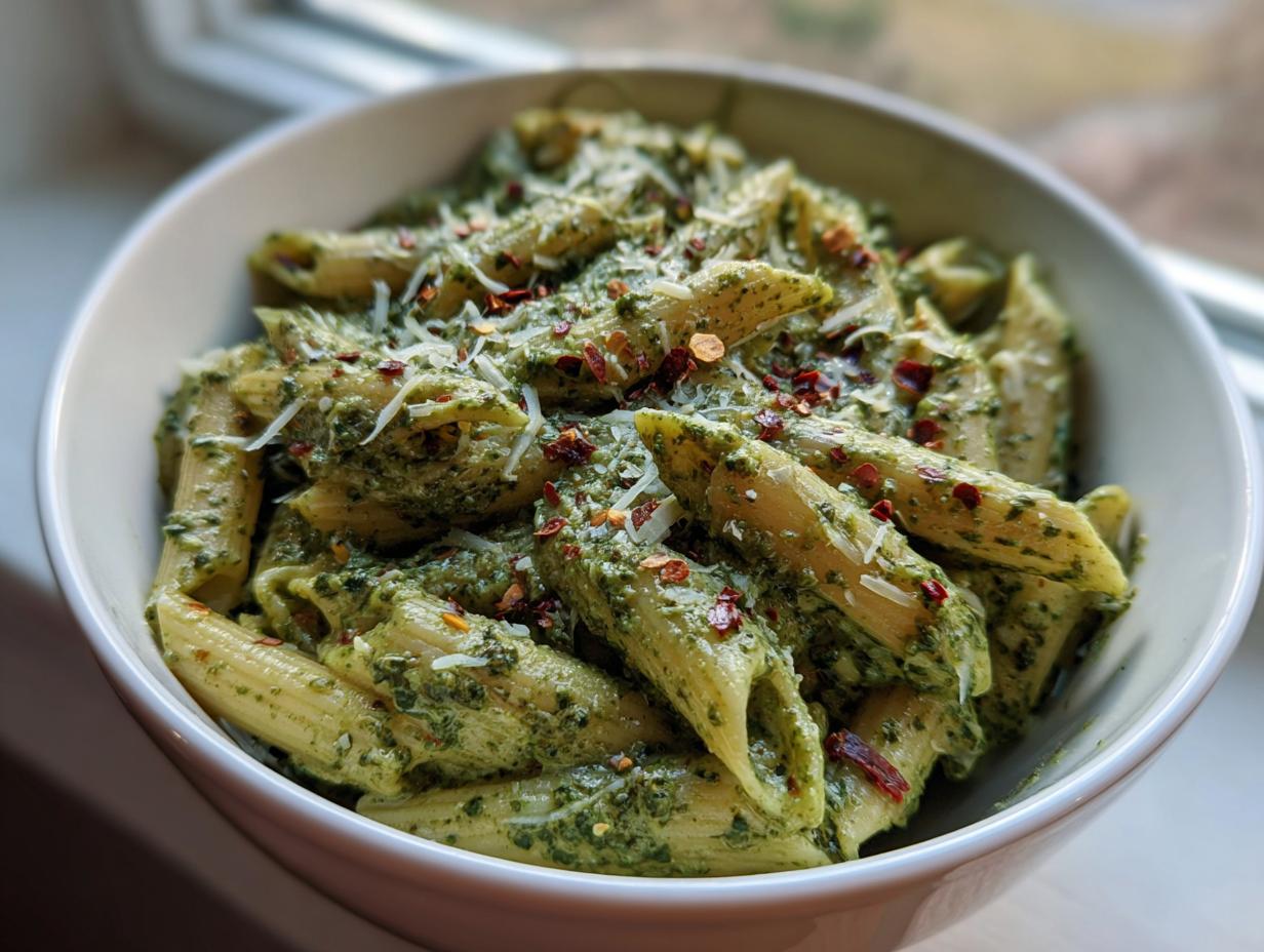 Close-up of a white bowl filled with creamy pesto pasta (penne), topped with grated cheese and red pepper flakes.